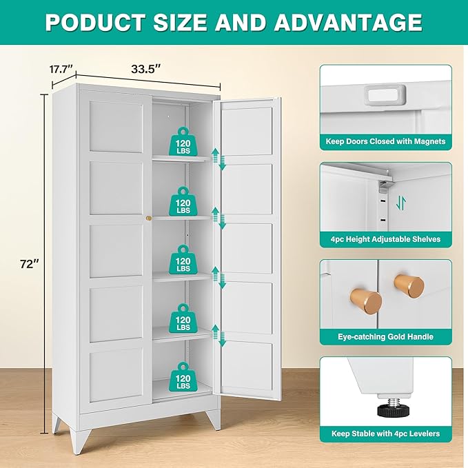SISESOL Wide & Deep Metal Storage Cabinet with 2 Doors and 5 Shelves,72 inch Tall Pantry Storage Cabinet,Large Cupboard Closet,White Cabinets for Home,Kitchen,Bathroom,Dining/Living Room