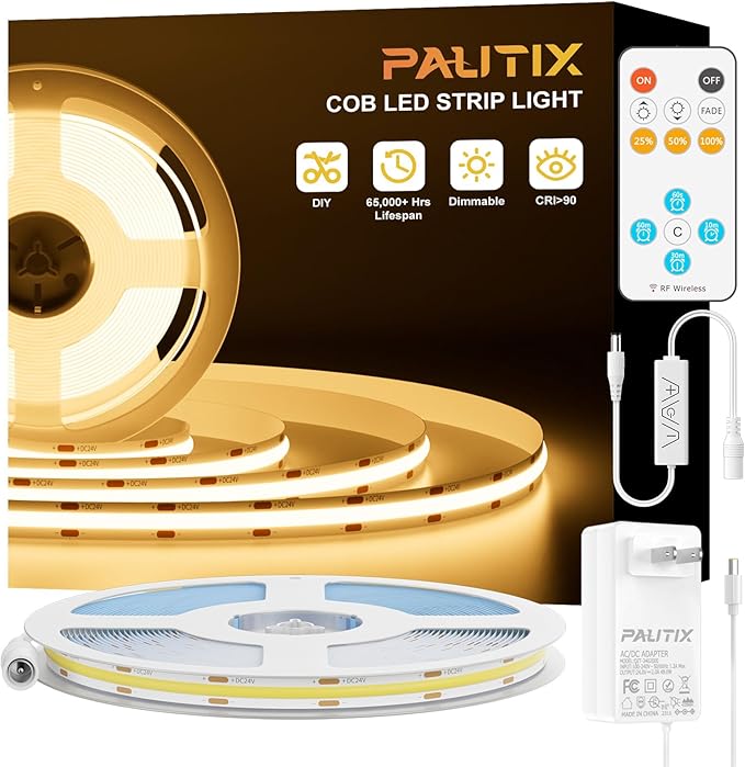 PAUTIX COB LED Strip Lights with RF Remote,32.8ft UL Listed Dotless LED Lights Warm White 2700K,Super Bright Dimmable 24V Adhesive LED Tape Light,Kitchen Cabinets Shelf Mirror Office Bedroom Lighting