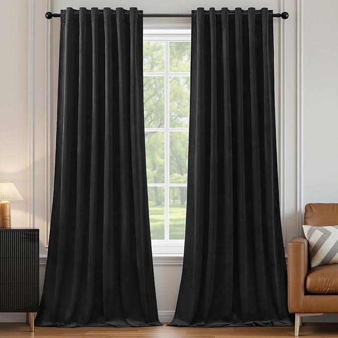 AUSSPVOCT Black Velvet Blackout Curtains 84 Inches for Bedroom, Room Darkening Drapes Super Soft Elegant Thermal Insulated Soundproof Curtain for Living Room, Back Tab Rod Pocket, W52 x L84, 2 Panels