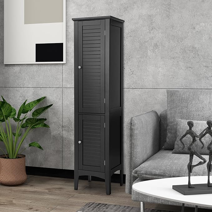 COSTWAY Tall Bathroom Storage Cabinet, 5-Tier Freestanding Linen Tower Cabinet with 2 Doors, Wooden Side Storage Organizer, Narrow Slim Floor Cabinet for Bathroom, Living Room, Kitchen (Black)