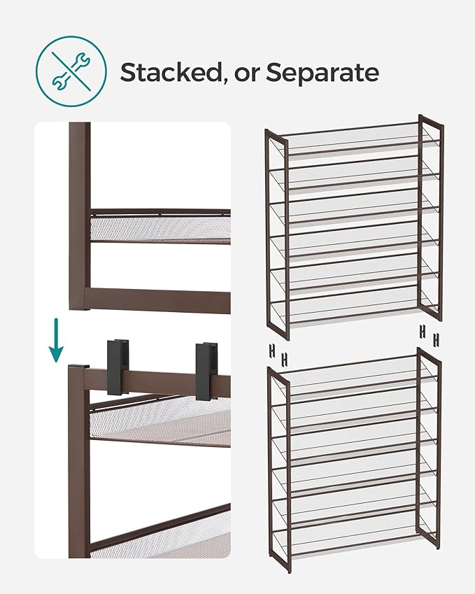 SONGMICS Shoe Rack, 12-Tier Shoe Organizer, Metal Rack for Garage, Set of 2, 6-Tier Stackable Shelf, with Adjustable Flat or Angled Shelves, Holds 48-60 Pairs, Bronze ULMR12A