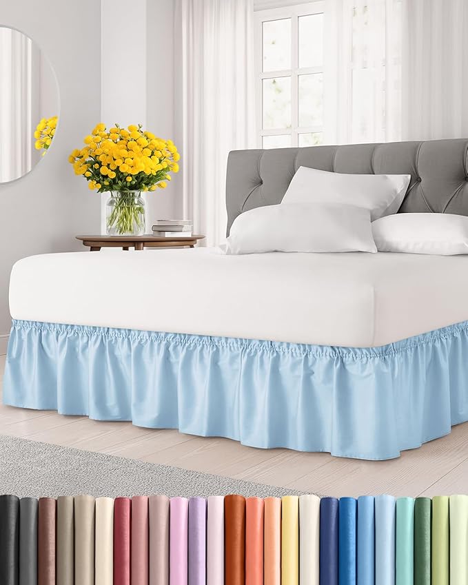 Wrap Around Dust Ruffle Bed Skirt - Light Blue - for Queen Size Beds with 12 Inch Drop - Elastic Strap - Adjustable Pleated Bedskirt with Brushed Fabric and Wrinkle Free - For Women, Men, Kids & Teens