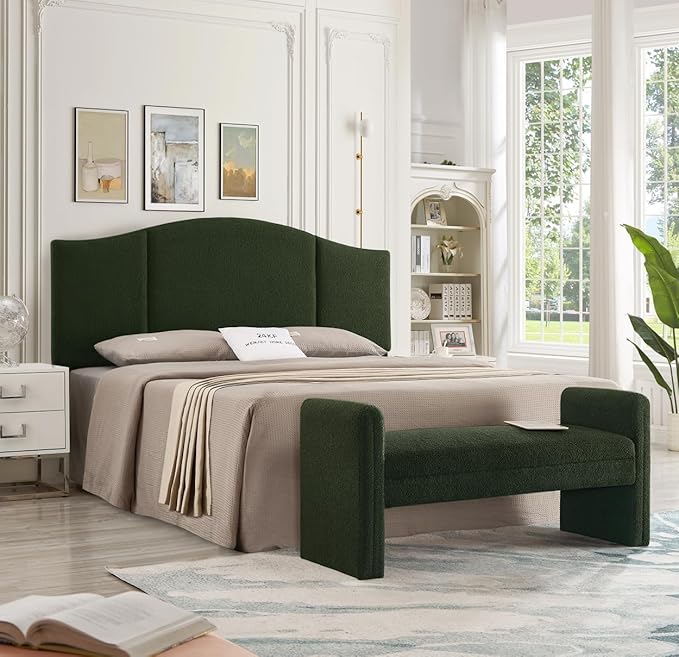 24KF Modern Upholstered Bed Bench Covered with Soft Boucle Teddy Fabric, Lovely Entryway Bench Ottoman with Armrest,5062-Dark Green