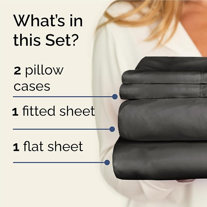 Twin XL 4 Piece Sheet Set - Cooling, Comfy & Breathable - Hotel Luxury Bedding, Includes Fitted Sheet for Women, Men, Kids & Teens - 1 Flat, 1 Fitted Sheet, 2 Pillowcases with Deep Pockets - Charcoal