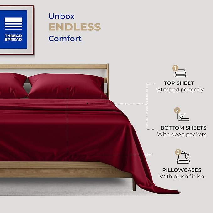 THREAD SPREAD Split King Sheets Sets for Adjustable Bed - 400 Thread Count 5 PC Split Sheet Set, Cooling Cotton Sheets, 2 Twin-XL Fitted Sheets, 16" Deep Pocket Split King Bed Sheet (Burgundy)