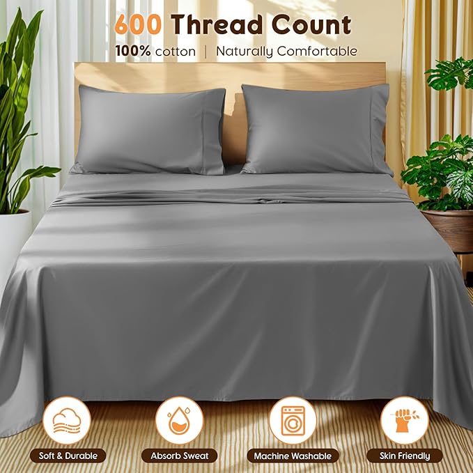 LBRO2M 100% Cotton Sheets Set Queen Size 600 Thread Count 4 Piece Sets Bed Sheet Deep Pocket Up to 16" Soft Comfortable All Season (Queen, Gray)