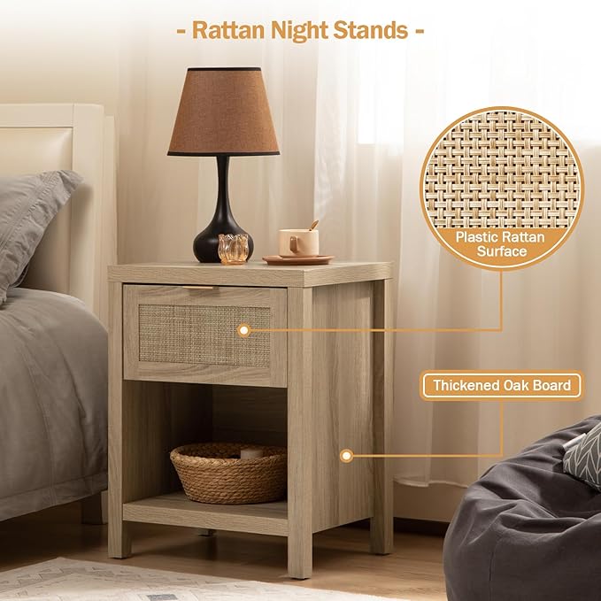 SICOTAS Rattan Nightstands Set of 2, Farmhouse Night Stand Bedside Table with Drawer and Storage Shelf - Boho End Side Table for Bedroom, Light Oak