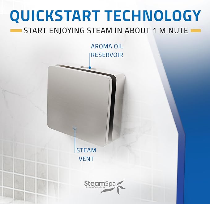 SteamSpa Steam System 12kW Steam Shower Generator with Bluetooth Wifi, Quickstart Continous Steam, Advanced Touch Pad Screen, Chroma Lights, Drain Pan and Auto Drain Brushed Nickel RVBS1200BN-A