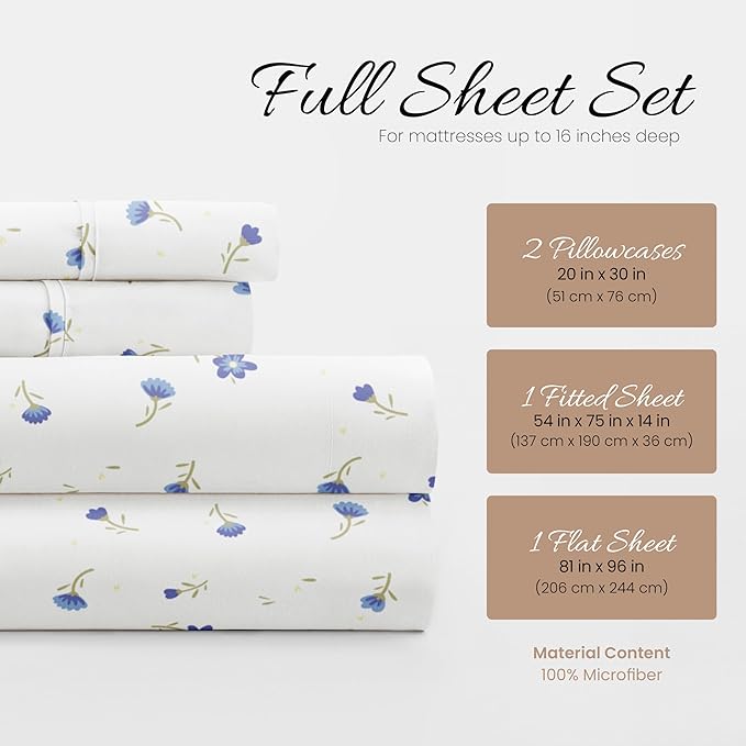 Linen Market Double-Brushed Patterned Microfiber Full Sheet Set 4 Piece – Oeko-TEX Certified Ultra Soft & Wrinkle-Free - 16" Deep Pocket Sheets - Easy Care Full Size - Soft Floral Light Blue