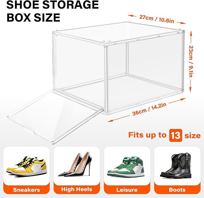 2 Pack Drop Front Shoe Boxes Fit US Size 13, Acrylic Shoe Organizer Clear Stackable Sneaker Sotrage Box for Entryway, Home, Underbed, Multiple Display Cases for Cosmetic, Hats, Figures, Sneakers