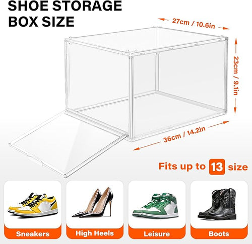 2 Pack Drop Front Shoe Boxes Fit US Size 13, Acrylic Shoe Organizer Clear Stackable Sneaker Sotrage Box for Entryway, Home, Underbed, Multiple Display Cases for Cosmetic, Hats, Figures, Sneakers