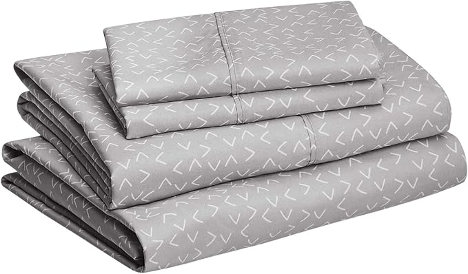 Amazon Basics Lightweight Super Soft Easy Care Microfiber 4 Piece Bed Sheet Set With 14-inch Deep Pockets - Queen, Grey Arrows,Printed