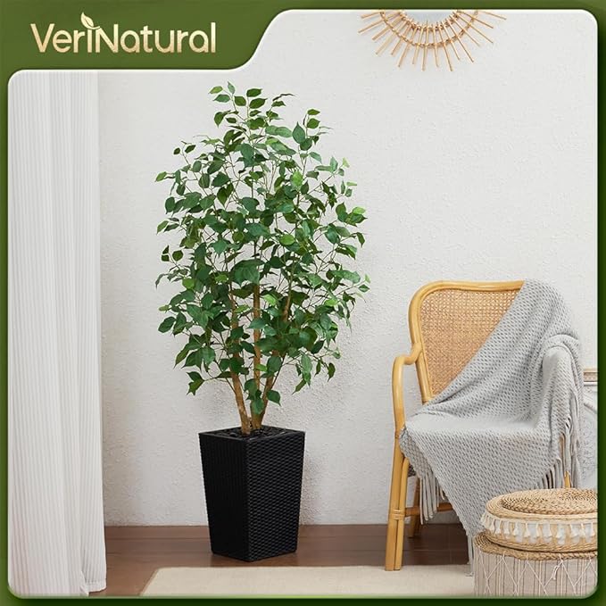 5ft Artificial Ficus Tree,Tall Faux Tree with Silk Leaves & Real Wood Trunk,UV Resistant Potted Fake Plant with Pebbles & Planter-Indoor Outdoor Floor Plant for Home,Living Room,VN129