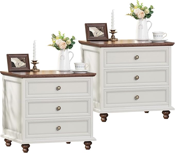 24" Wide Farmhouse Night Stand Set of 2,Large End Table with 3 Drawers & Metal Handle,White Wood Dresser for Bedroom, Bed Side Table Chest of Drawers Cabinet, Nightstand for Living Room,Closet
