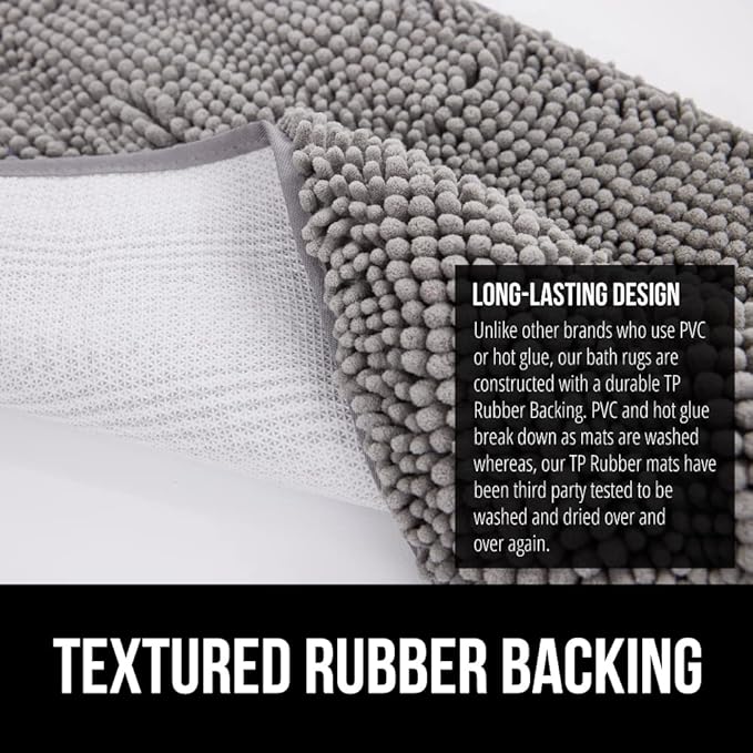 GORILLA GRIP Bath Rug Mat 48x24, Thick Soft Absorbent Chenille, Quick Dry Microfiber Mats, Rubber Backing Washable Shower Floor Rugs, Bathmat Runner, US Designed Bathroom Home Decor Accessories Grey