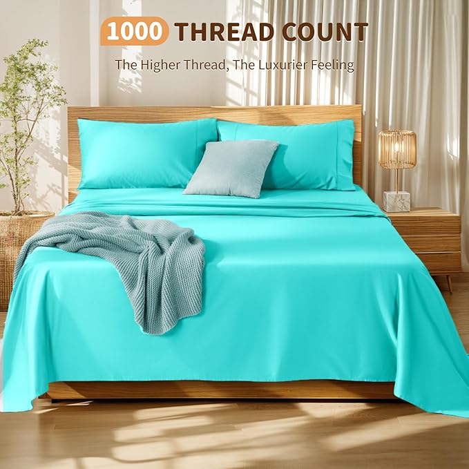LBRO2M 100% Cotton Sheets Set Deep Pocket 19", 1000 Thread Count King Size 4 Piece Bed Sheet Sets Soft Comfortable Bedding All Season (King, Lake Green)