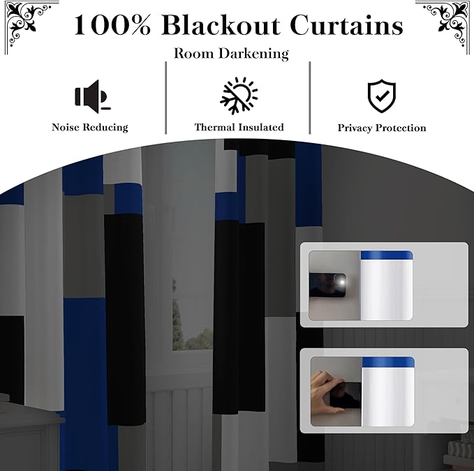 Royal Blue 100% Blackout Curtains for Bedroom 63 inch Long 2 Panels Set Navy Blue Modern Abstract Black Out Curtains Black Grey Insulated Room Darkening Window Drapes for Living Room, 52Wx63L