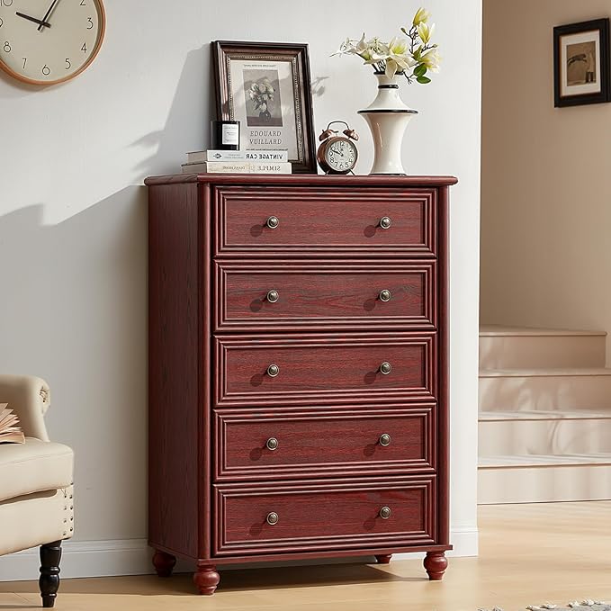 Farmhouse 5 Drawers Dresser for Bedroom, Wood 45" Tall Dressers Chest of Drawers, Kids Dresser Rustic Storage Dressers Organizer with Metal Handle Closet for Living Room, Hallway, Red Oak