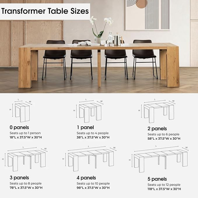 Transformer Table - Solid Wood Extendable Dining Table, Seats 2-12, Extendable Dining Room Table, Space-Saving Furniture, Expandable Dining Furniture (Natural, Table + Bench)