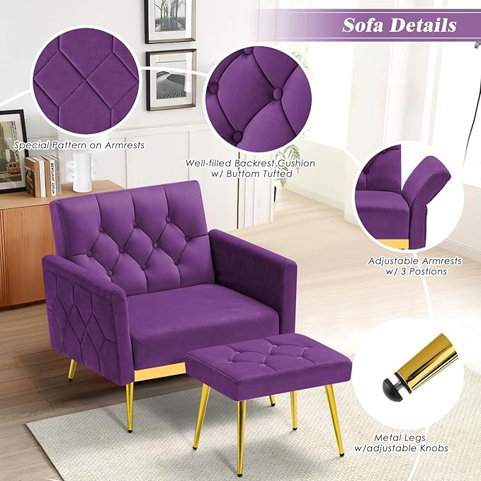 Velvet Accent Chair w/Adjustable Armrests and Backrests, Tufted Single Sofa with Ottoman, Upholstered Reading Chiar for Living Room, Apartment, Bedroom, Purple
