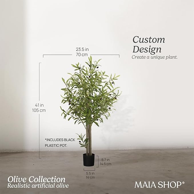 Maia Shop 3ft 5in Artificial Olive Tree Plant for House, Apartment or Office – Realistic Fake Indoor Plants for Living Room, Kitchen, Bedroom, Entryway or Bathroom – Faux Greenery for Home Décor