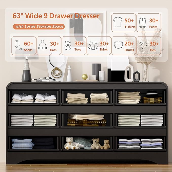 4 Piece Bedroom Set, Dresser and Nightstand Sets, Modern Wooden Large 9 Drawers Dresser and Tall 6 Drawer Dressers & Night Stand Set of 2 for Bedroom, Black