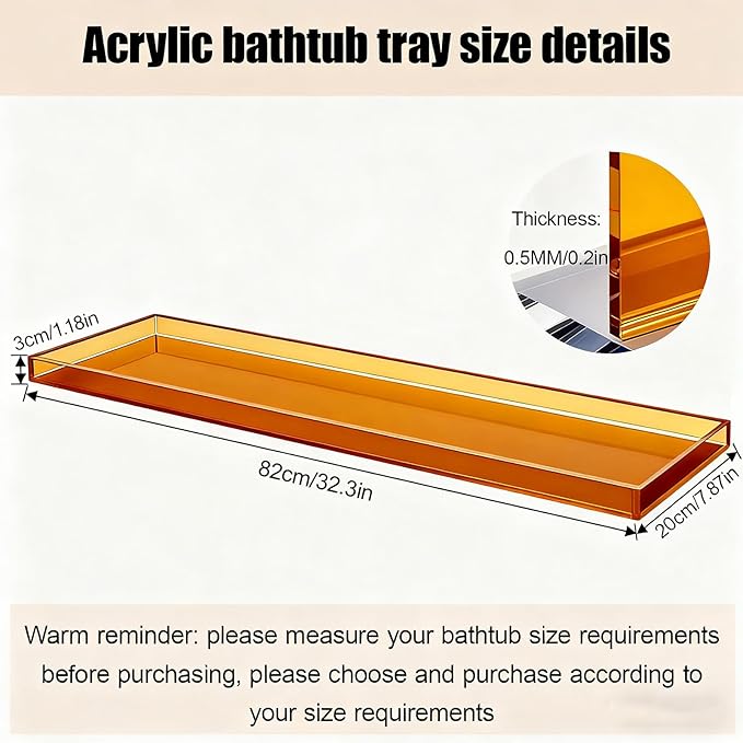Bathtub Tray Table, Clear Acrylic, Anti-Slip Bath Caddy, (Amber, L32.3″ x W7.87″ x H1.18″)