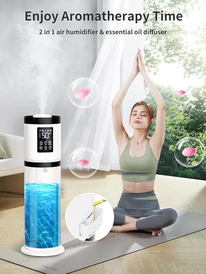 8L Humidifiers for Bedroom, 30dB Quiet, 500ft² Coverage, 60H Runtime, Top Fill, 3-in-1 Humidifier Large Room & Essential Oil Diffuser & Ambient Light, Sleep Mode, 16H Timer, Auto Shutoff Protection