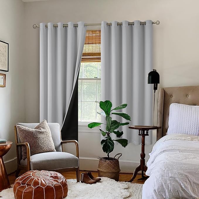 BGment Thermal Insulated 100% Blackout Curtains for Bedroom with Black Liner, Double Layer Full Room Darkening Noise Reducing Grommet Curtain (60 x 63 Inch, Light Grey, 2 Panels)