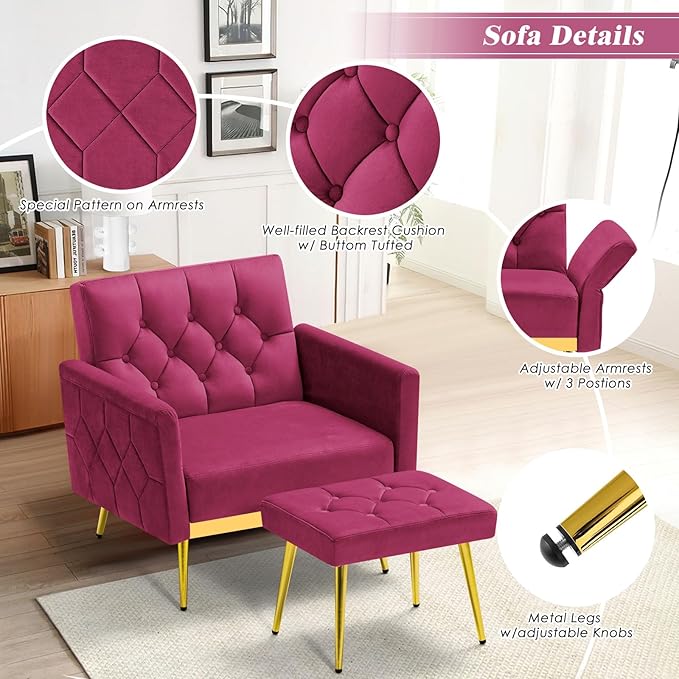 Velvet Accent Chair w/Adjustable Armrests and Backrests, Tufted Single Sofa with Ottoman, Upholstered Reading Chiar for Living Room, Apartment, Bedroom, Fuchsia