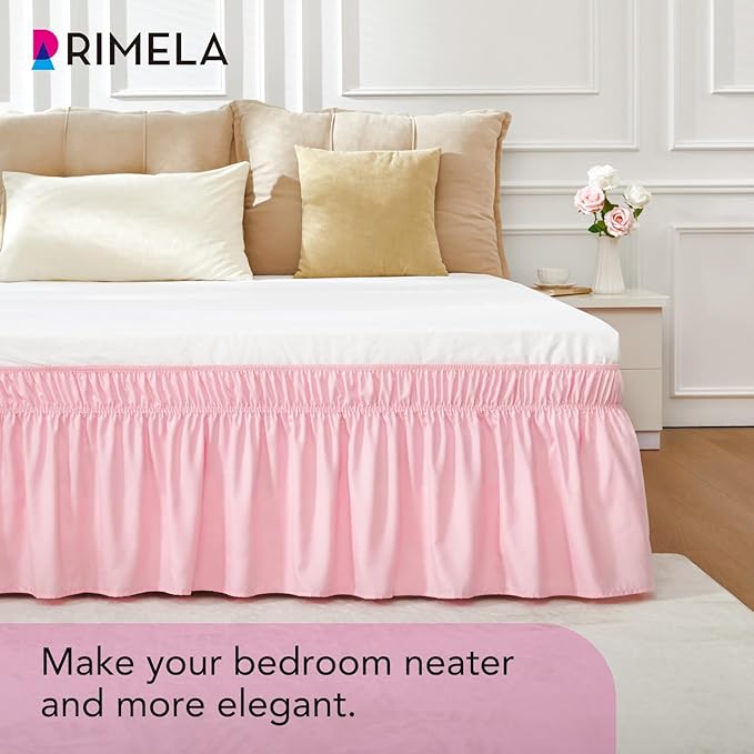 RIMELA Pink Bed Skirt King Size 15 Inch Drop, Elastic Bed Skirting for Bed Base and Frame, Bedding Dust Ruffle Easy to Install, Lightweight Comforter Set with Wrap Around Adjustable Bedskirt