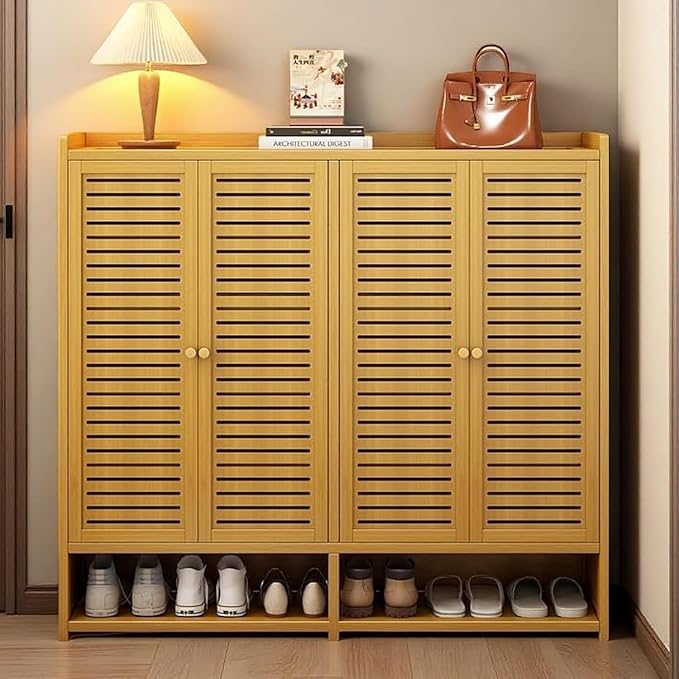 Bamboo Shoe Cabinet, 36-40 Pairs 7 Tier Shoe Rack with Doors, Freestangding Shoe Cabinet Organizer with Shelves, 43" Tall Shoe Rack Organizer for Entryway, Closet, Hallway