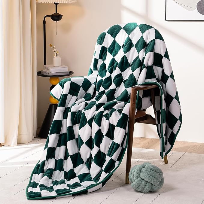 Wemore Flannel Fleece Weighted Blanket for Adult Queen Size 20 lbs, Dual Sided Luxurious Checkerboard Grid Heavy Blankets, Ultra Soft Throw Blanket, Plaid Green, 60 x 80 inches