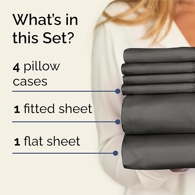 King 6 Piece Sheet Set - Cooling, Comfy & Breathable - Hotel Luxury Bedding, Includes Fitted Sheet for Women, Men, Kids and Teens - 1 Flat, 1 Fitted Sheet, 4 Pillowcases with Deep Pockets - Charcoal