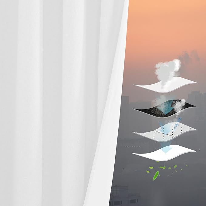 RYB HOME 4 in 1 Set Dust Filter - Soundproof - Blackout - Insulating, Energy Efficiency Linen Curtains for Kids Bedroom Living Room Divider Apartment Hotel Office Theatre, White, W 52 x L 95, 2 Pcs