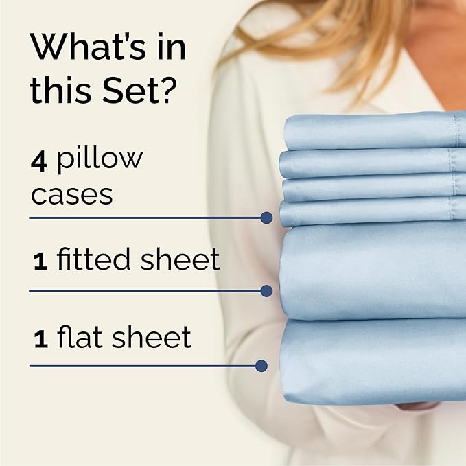 Queen 6 Piece Sheet Set - Cooling, Comfy & Breathable - Hotel Luxury Bedding, Includes Fitted Sheet for Women, Men, Kids & Teens - 1 Flat, 1 Fitted Sheet, 4 Pillowcases with Deep Pockets - Sky Blue