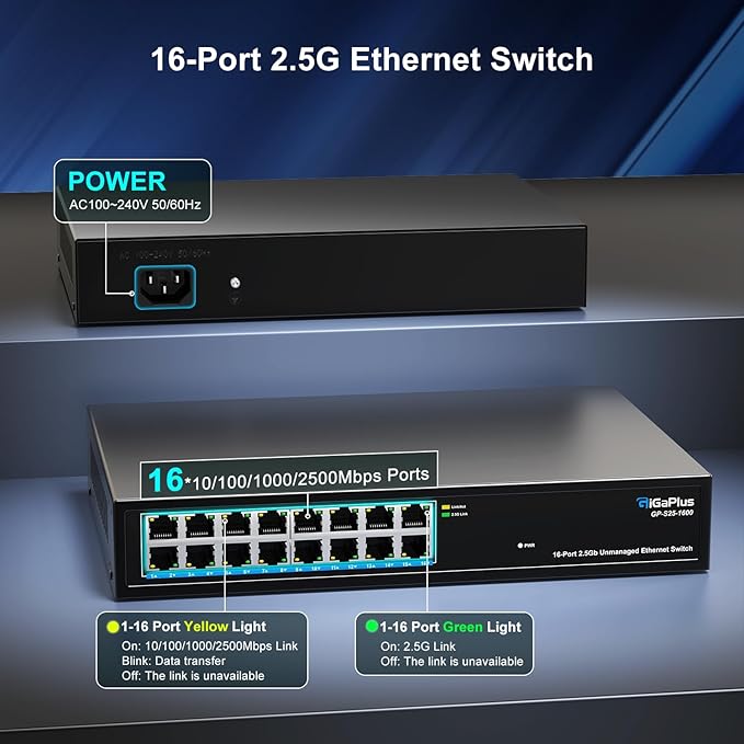 16 Ports 2.5Gb Unmanaged Ethernet Switch, 16*2.5G Base-T Ports. GiGaPlus 2.5Gbps Network Switch for 2.5Gbps NAS/PC, Wireless AP, WiFi6 Router. Plug and Play, Fanless Design.