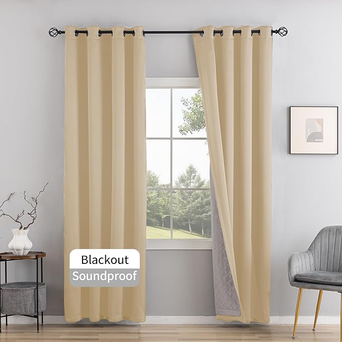 3-in-1 Layers Soundproof Curtains, Grommet Full Blackout Thermal Noise Dampening Curtains for Living Room, Bedroom(1 Panel,Beige,50" x96")