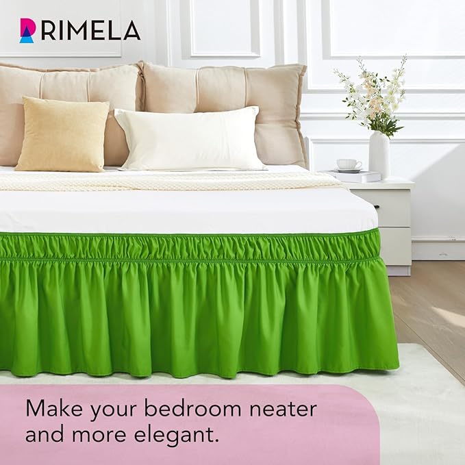 RIMELA Green Bed Skirt Queen Size 15 Inch Drop, Elastic Bed Skirting for Bed Base and Frame, Bedding Dust Ruffle Easy to Install, Lightweight Wrap Around Adjustable Bedskirt