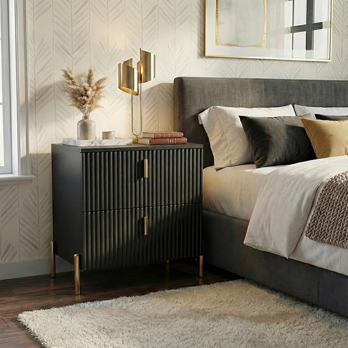 Luxury Fluted Night Stand, Nightstand with 2 Drawers, Modern Bedside Table with Golden Legs and Handles, End Tables for Living Room Bedroom, Black