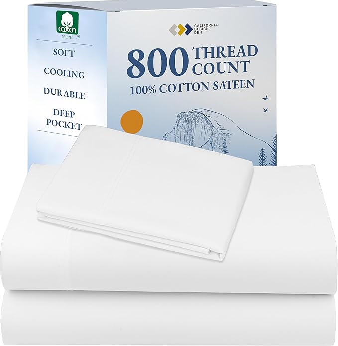 California Design Den Luxury Twin Sheets Set - Buttery Soft 800 Thread Count, 100% Cotton Sheets Sateen, Deep Pockets, Durable Bedding Set - White