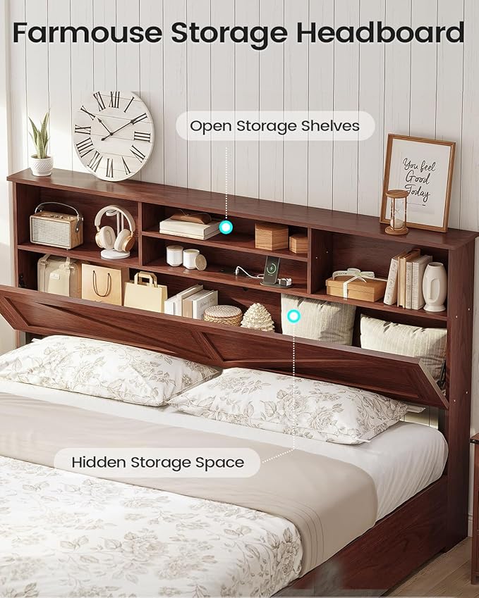 AOGLLATI Farmhouse King Bed Frame Bed Frame with 4 Storage Drawers and Led Lights, Wooden King Bed with Hidden Space Bookcase Headboard and Led Lights & Metal Slats, Mahogany