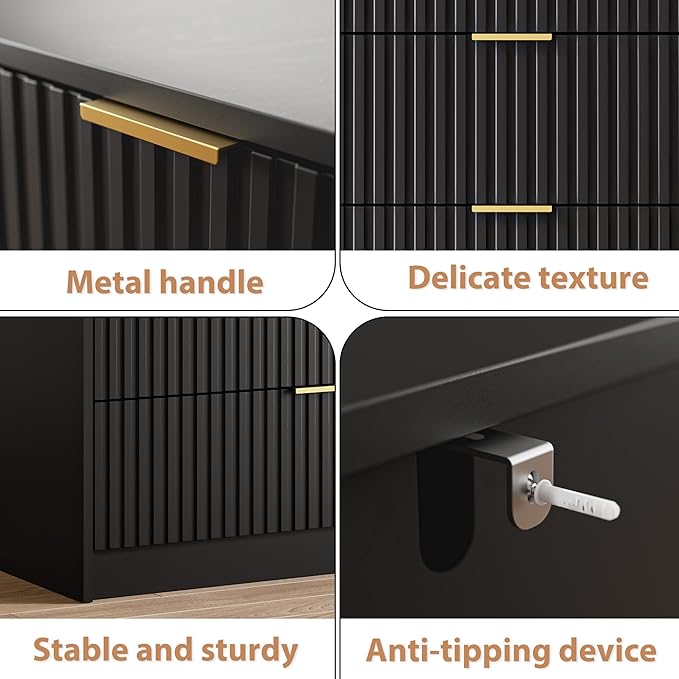 3-Piece Dresser Bedroom Set, 7 Drawer Dresser & 2 Drawer Nightstands with Gold Handles, Fluted Wood Chest of Drawers for Bedroom, Living Room, Entryway, Black