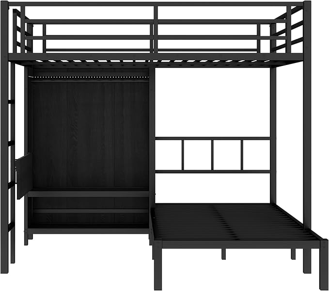 Full XL Over Twin Metal Bunk Bed with Folding Desk, Closet with LED,Space-Saving/Noise Reduced, Black