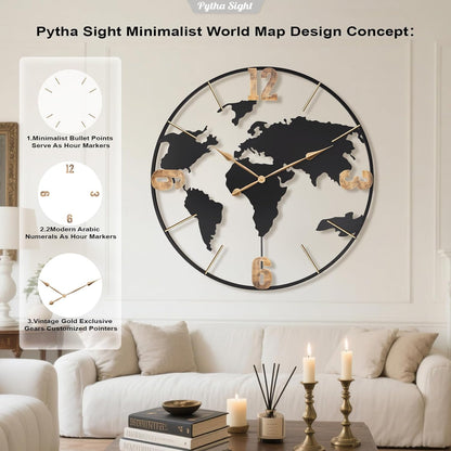 36 Inch Oversized Giant Extra Large Modern Decorative Metal World Map Wall Clock,Big Vintage Gold Arabic Numeral Wall Clocks for Living Room,Entryway,Office,Fireplace,Dining Room