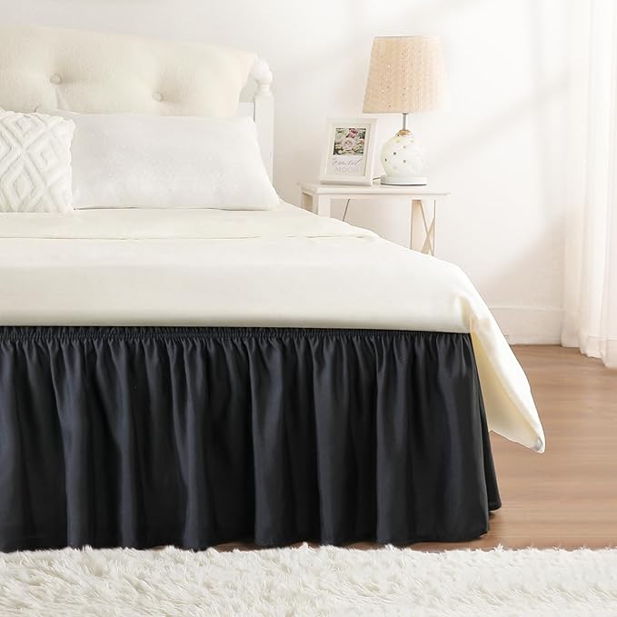 RIMELA Black Bed Skirt King Size 25 Inch Drop, Elastic Bed Skirting for Bed Base and Frame, Bedding Dust Ruffle Easy to Install, Lightweight Comforter Set with Wrap Around Adjustable Bedskirt