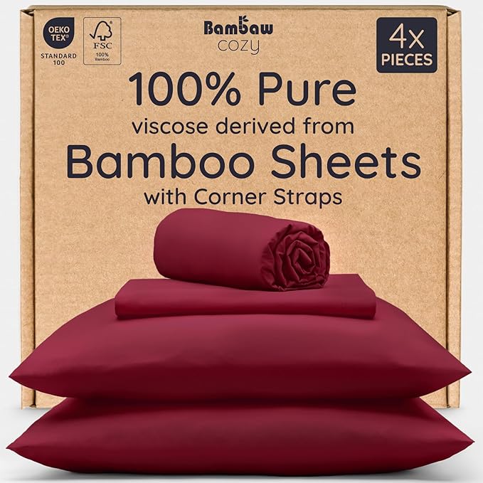 Bambaw Queen Size 4pcs Cooling Sheets Set 100% Viscose Derived from Bamboo, Luxury Bedding, Soft Sheets, Deep Pocket Fits Up to 16'' Mattresses (Burgundy)
