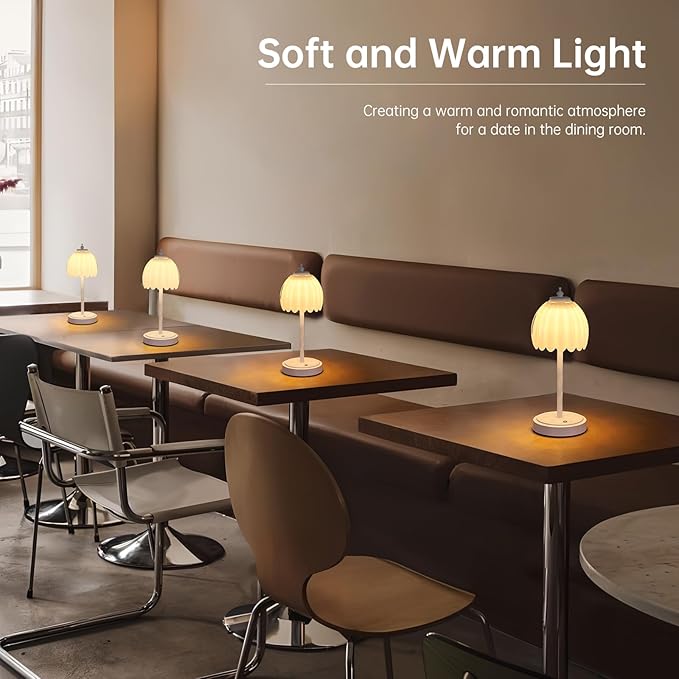 Tulip Table Lamp with 5200mAh Battery & Touch Control, Cordless Small Table Lamp with 3 Colors, Dimmable Rechargeable Table Lamps for Living Room, Bedroom, Bedside (White Tulip & White Base)