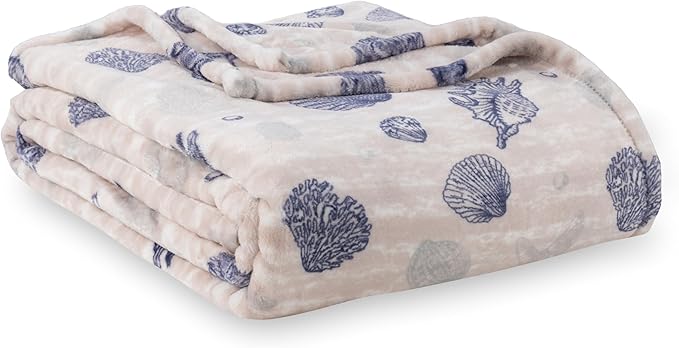 Berkshire Blanket-Classic Heavyweight Warm Soft Printed VelvetLoft® Plush Blanket, King Size Soft Fuzzy Blanket for Couch Sofa Bed, Classic Shells Navy, 90in x 108in