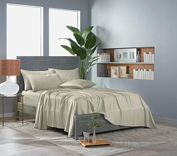 Pure Bamboo Split King Sheets, Genuine 100% Organic Viscose Derived from Bamboo Bed Sheet Set, Soft & Cooling, Double Stitching, 2 Fitted Sheets (Split King, Birch)